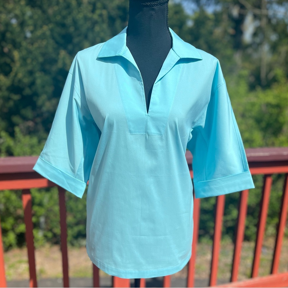 LAFAYETTE 148 NEW YORK NEW ITALIAN COTTON STRETCH BLOUSE IN LAGOON SIZE SMALL - Picture 3 of 13